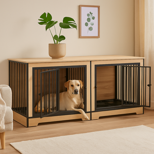 XL Wooden Dog Crate Furniture with Divider | Japandi Style Steel Frame Kennel