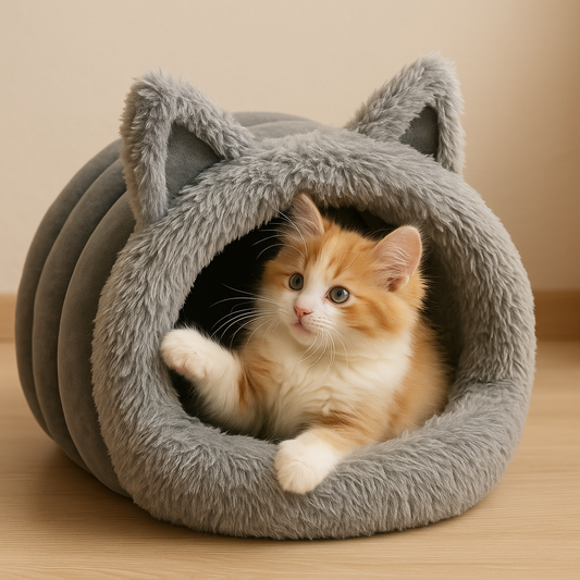 CozyCat Ear Bed | Fluffy Semi-Enclosed Cat Cave with Plush Cushion