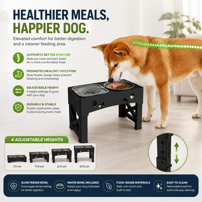 Adjustable Raised Dog Slow Feeder Bowl Stand | Elevated Pet Feeding Station
