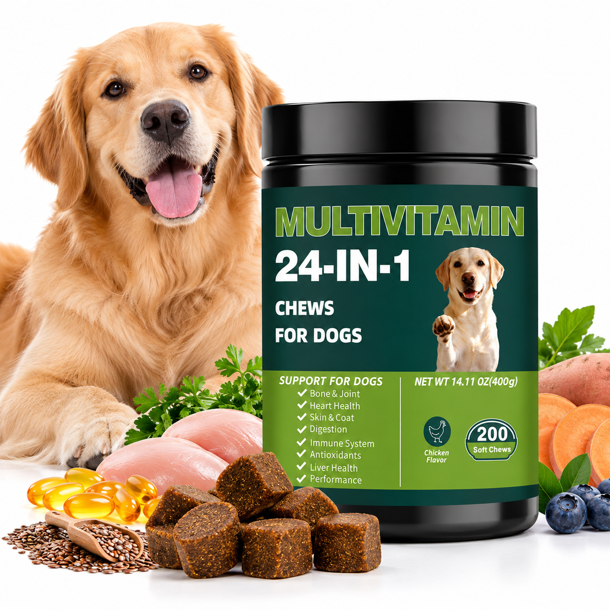 24-in-1 Dog Multivitamin Soft Chews – Omega-3, Probiotics & Joint Support