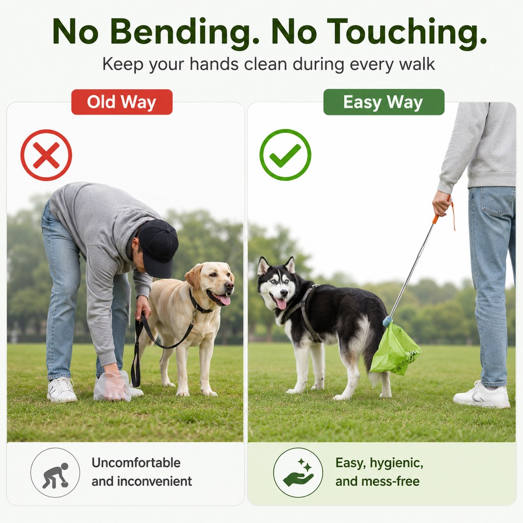 Foldable Dog Poop Scooper with Telescopic Handle – No-Bend Waste Pickup